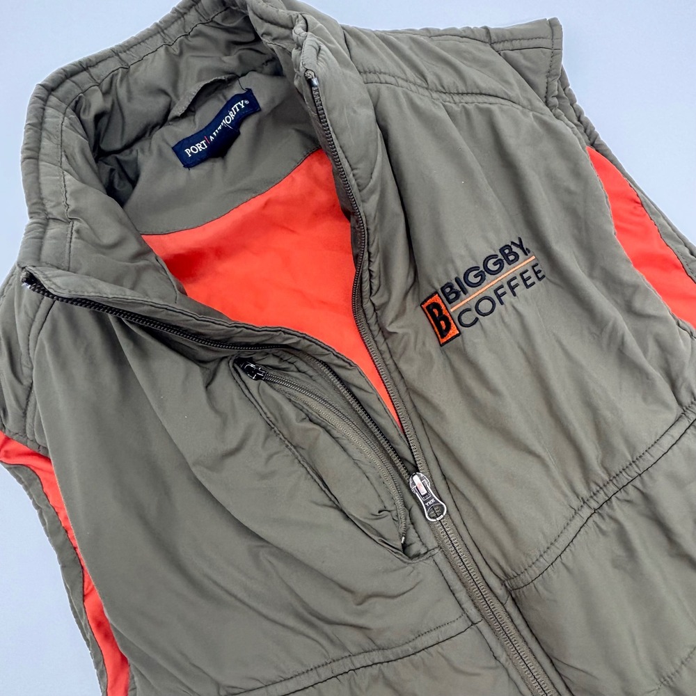 Port Authority Biggby Coffee Quilted Vest Size S Olive Orange Puffer Gilet Logo
